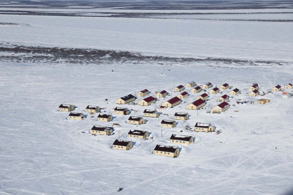 KRASNOYARSK TERRITORY, RUSSIA - APRIL 17, 2021: An aerial view of the village of Nosok, Taymyrsky Dolgano-Nenetsky District. It is also the location of the Zarya Taimyra [Taymyr Dawn] state reindeer farming enterprise. Alexander Ryumin/TASS (Photo by Alexander Ryumin\TASS via Getty Images)
