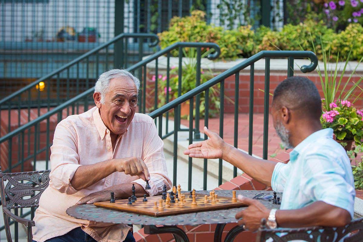 Friends playing chess in garden