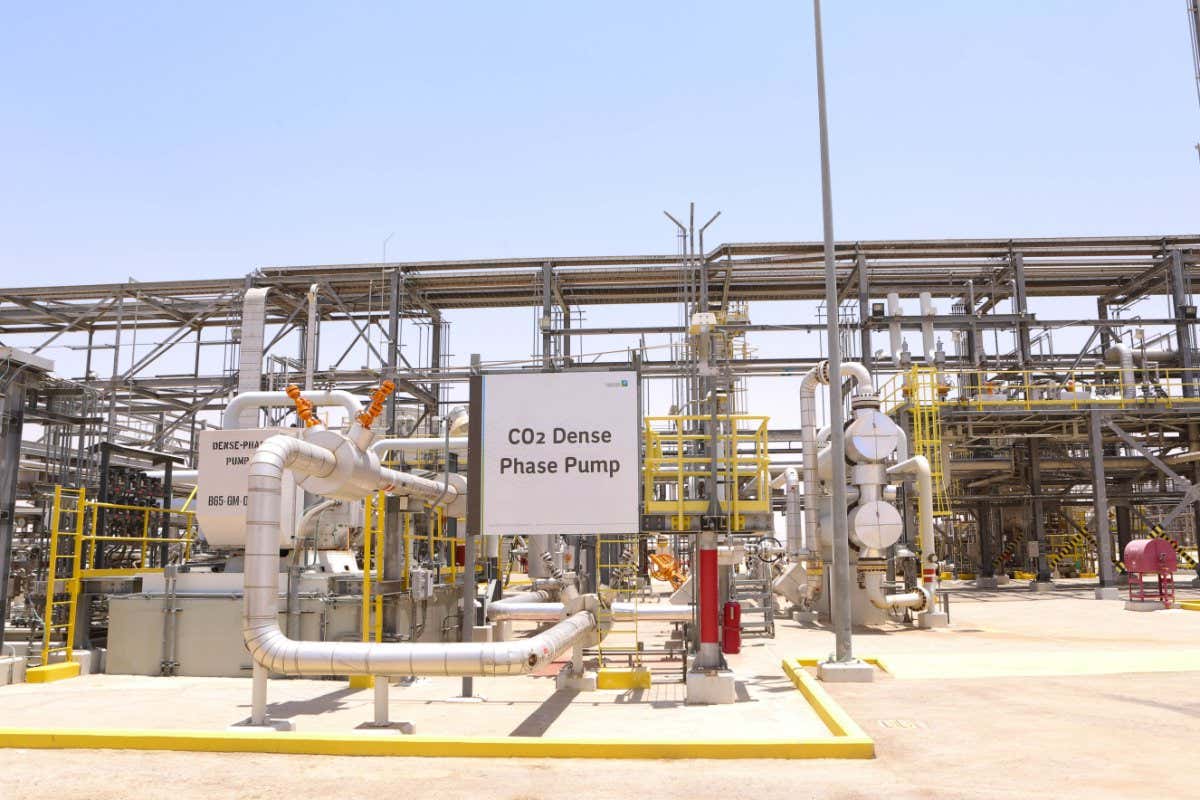 A CO2 dense phase pump facility at the Hawiyah Natural Gas Liquids Recovery Plant, operated by Saudi Aramco, in Hawiyah, Saudi Arabia, on Monday, June 28, 2021. The Hawiyah Natural Gas Liquids Recovery Plant is designed to process 4.0 billion standard cubic feet per day of sweet gas as pilot project for Carbon Capture Technology (CCUS) to prove the possibility of capturing C02 and lowering emissions from such facilities. Photographer: Maya Siddiqui/Bloomberg via Getty Images