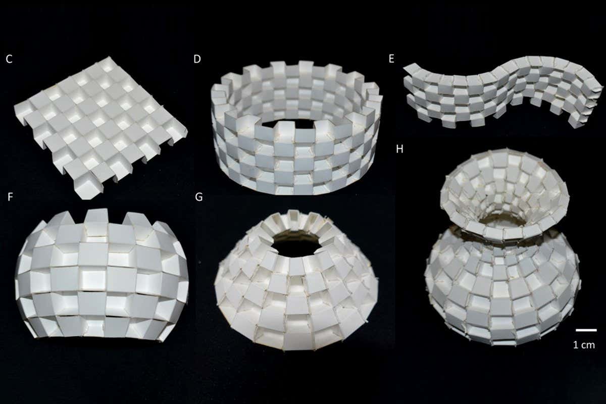 The construction of a kirigami-based, strong, lightweight metamaterial and its prototypes in multiple curved surfaces. The glue-free mechanical connector is in the initial and folded state of a kirigami shell. C?H) Six prototypes of kirigami metamaterial shape-morphed into various surfaces, i.e., planar, cylindrical, wave, spherical, conical, and vase-shaped.