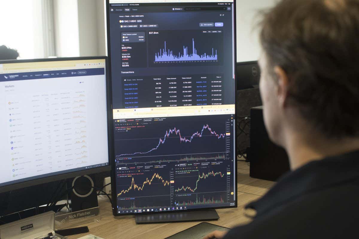 An employee in front of a screen displaying charts for cryptocurrencies at the Independent Reserve office in Sydney, Australia, on Friday, March 4, 2022. Bitcoin and other cryptocurrencies??rose earlier??in the week on the expectation that they might gain traction during Russias invasion of Ukraine. The advance was then??stymied by concern??about the effect of international sanctions against Russia. Photographer: Brent Lewin/Bloomberg via Getty Images