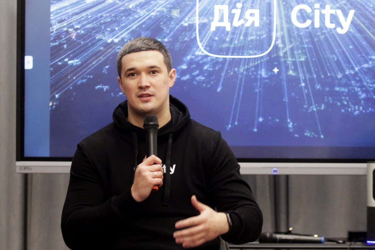 Mandatory Credit: Photo by Ukrinform/Shutterstock (12654243m) Deputy Prime Minister - Minister of Digital Transformation of Ukraine Mykhailo Fedorov is pictured during the press conference on the introduction of the Diia City application - a special legal framework for the IT industry, Kyiv, capital of Ukraine Press conference on introduction of Diia City app in Kyiv, Ukraine - 21 Dec 2021