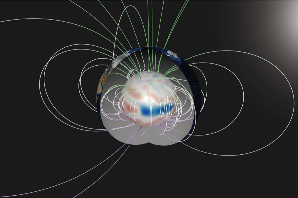Wave-like flow at the surface of the Earth's outer core and background magnetic field lines.