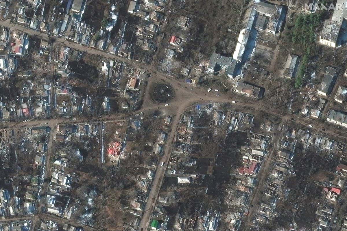 Satellite imagery of destroyed homes and buildings in Sumy, Ukraine on 14 March