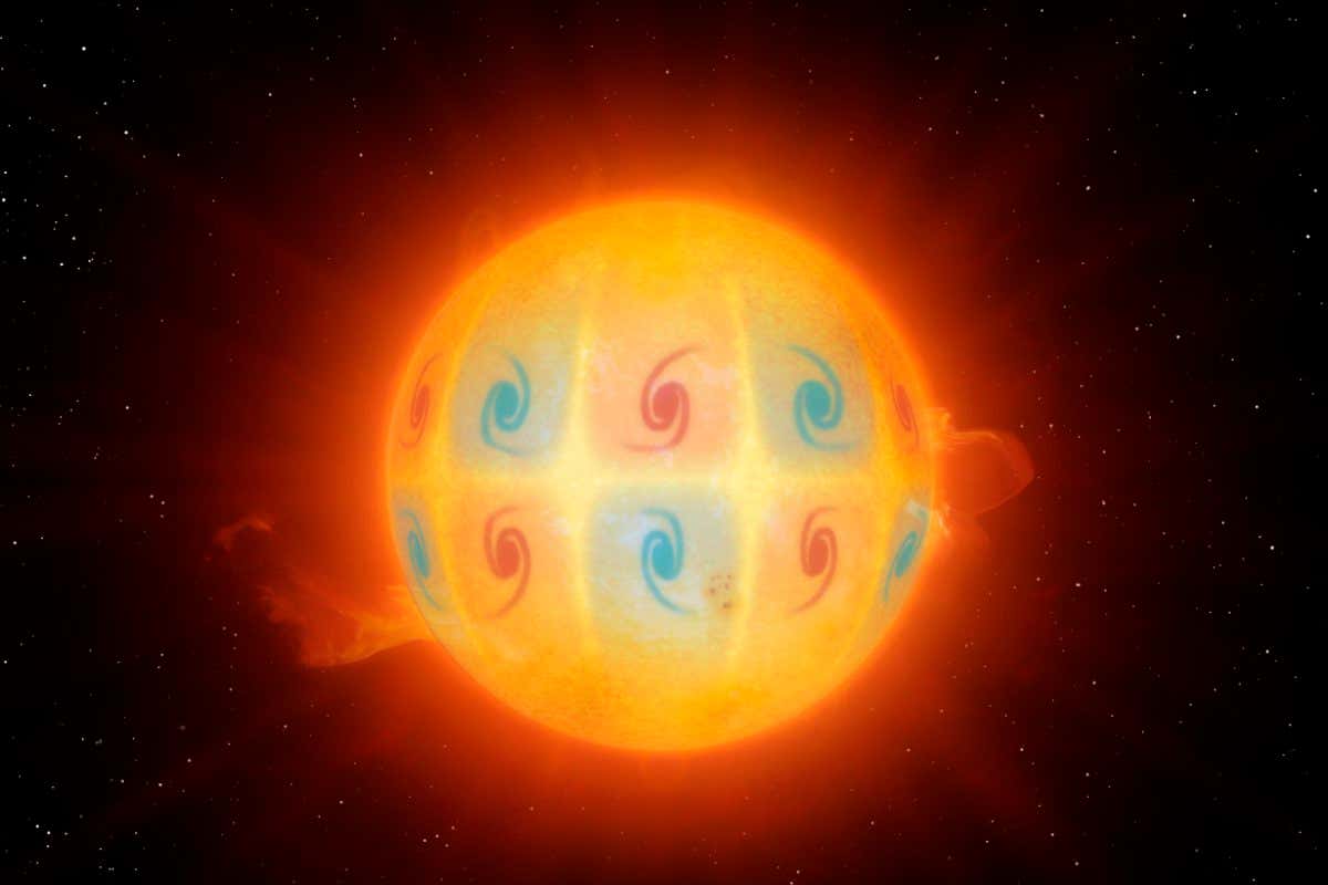 An artistic impression of the high-frequency retrograde (HFR) vorticity waves. These waves appear as swirling motions near the equator of the Sun. The rotation in the north is always anti-symmetric to the rotation in the southern hemisphere. These mysterious waves move in the opposite direction to the sun's rotation, which is to the right, three times faster then what is allowed by hydrodynamics alone.