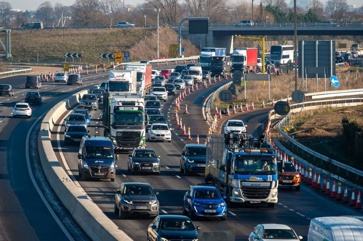 Mandatory Credit: Photo by Maureen McLean/Shutterstock (12761084a) Traffic queuing westbound on the M4 in Dorney, Buckinghamshire, UK, on January 14, 2022. There have been frequent accidents on the M4 whilst it is being upgraded to an 