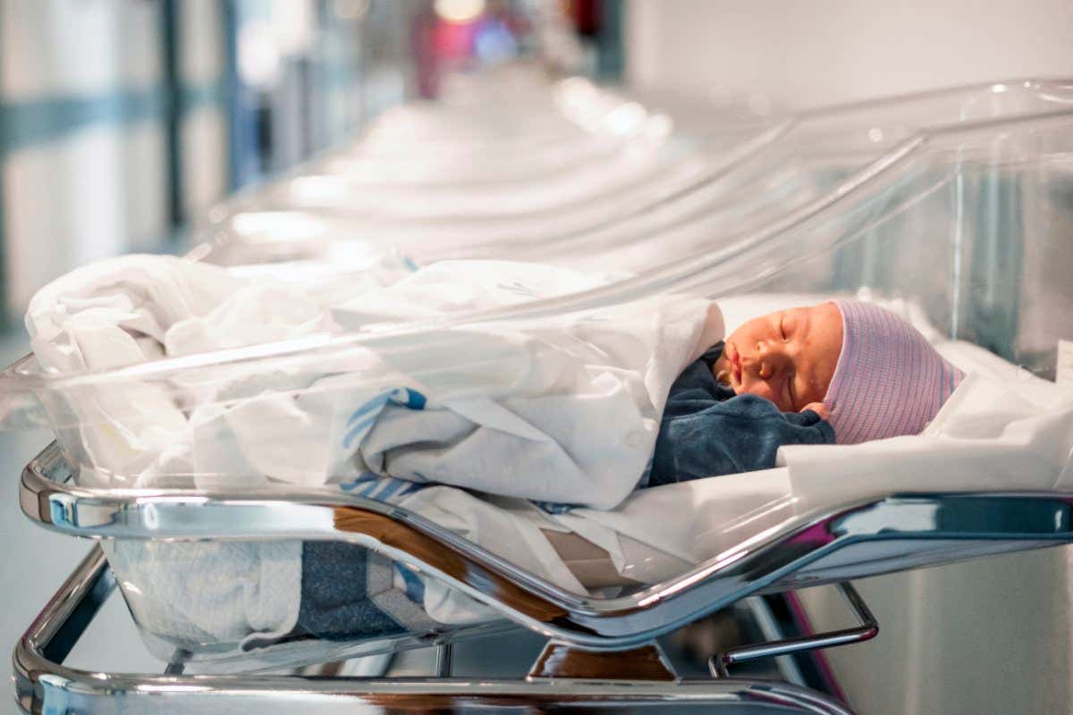 Newborn baby in first of many small hospital beds ; Shutterstock ID 1103569475; purchase_order: -; job: -; client: -; other: -