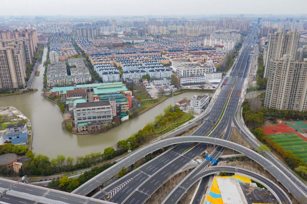An aerial view of empty roads in the Pudong district of Shanghai, China, on 31 March
