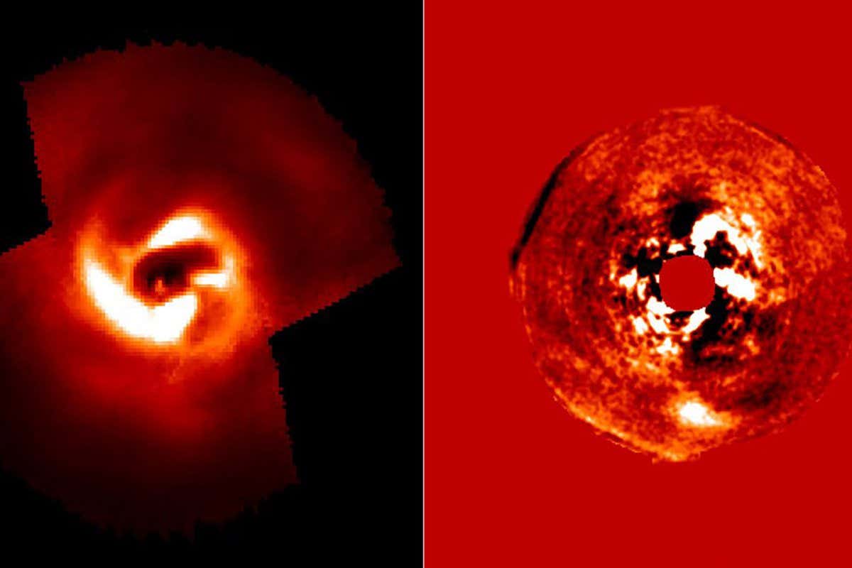Nature Astronomy, doi:10.1038/s41550-022-01634-x Fig. 4 | SCExAO/CHARIS images of AB Aur at different wavelengths and observing modes. Left: polarized intensity wavelength-collapsed image obtained one day later. A pure scattered-light disk feature would have been detected at the position of AB Aur b (green circle). Instead this region shows no concentrated emission, indicating that AB Aur b is not detected. Right: emission at the approximate position of AB Aur b from VAMPIRES H? data using RDI/KLIP for PSF subtraction. From left to right, the intensity scaling is [0, 0.0925] mJy, [0, 0.055] mJy and [?0.007, 0.007] mJy, normalized to the source?s apparent FWHM. The x and y axes are in units of arcseconds east (along the x axis) and north (along the y axis).