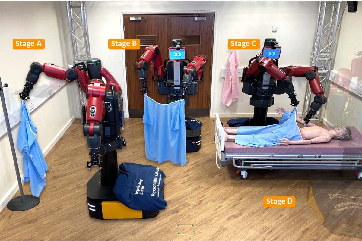 Overview of the dressing pipeline. Following the CNA Practice Test guidance, we used a professional training manikin to simulate a person who has completely lost upper limb movement functionality and designed the pipeline as the following stages: stage A, the robot would navigate to the rail and grasp a hospital gown that is naturally hung on a rail; stage B, the robot would fully unfold the garment in the air; stage C, the robot would navigate around the hospital bed and lift up and dress the user?s both arms; stage D, the final operation spreads the gown to cover the upper body.