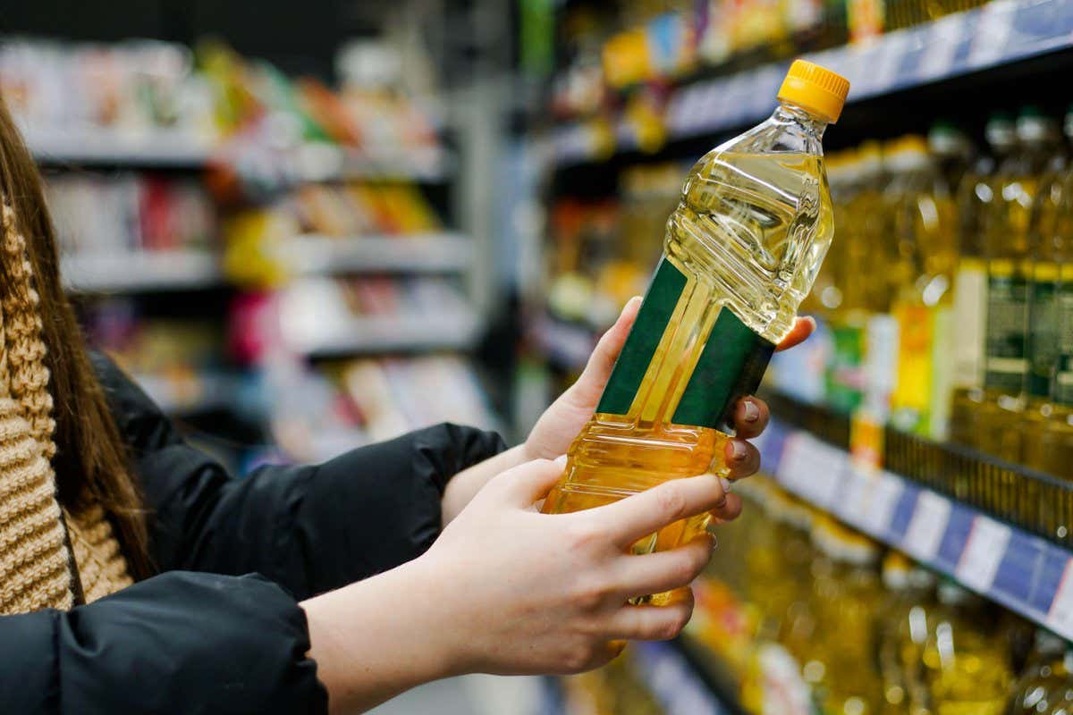 2HKYX4G Woman choosing sunflower oil in the supermarket. Close up of hand holding bottle of oil at store.