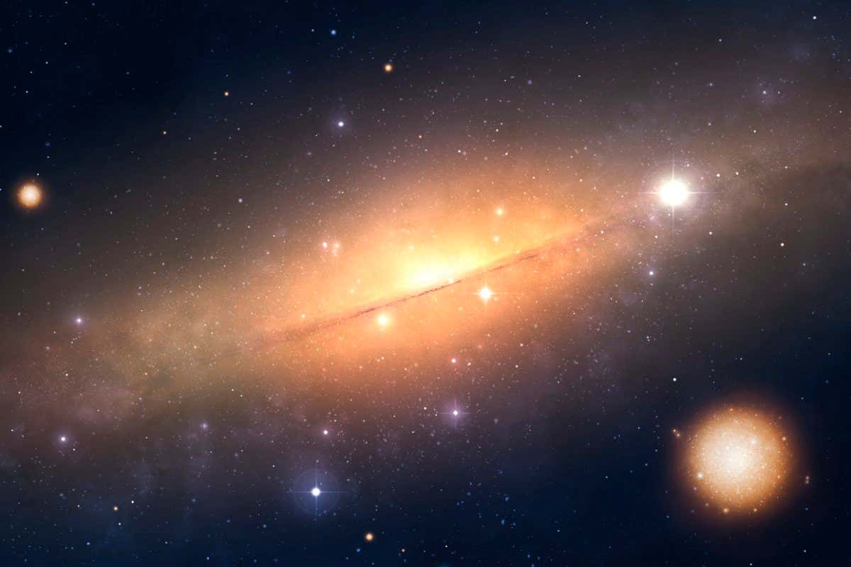 Illustration of the Milky Way galaxy as it might appear edge on. The Milky Way is a barred spiral galaxy roughly 100000 light-years in diameter. It is flat, shaped like two fried eggs back-to-back. At the centre is the nucleus, a vast flattened ball of old, red stars orbiting a supermassive black hole. This view imagines our galaxy seen from far from its nucleus, within the galactic plane. A lane of dust bisects the galaxy. Globular clusters (spherical clusters of stars) orbit here. One is seen in close up on the lower right.
