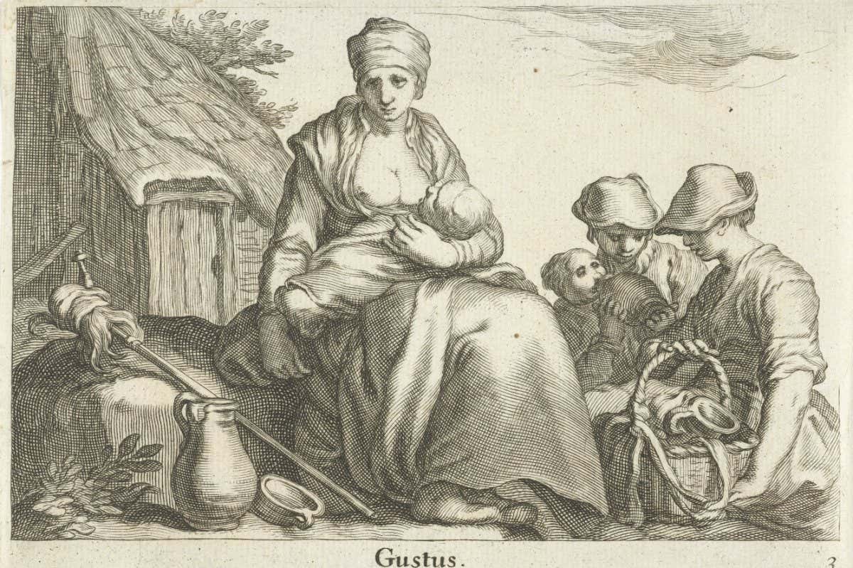 A farmer?s wife breastfeeds her baby while two other women give water to a child from a pitcher. From The Five Senses Series by Fredrick Bloemaert, after Abraham Bloemaert, 1632-1670. CREDIT: F. Bloemaert/A. Bloemaert/N. Visscherimage/Rijks Museum/Public Domain