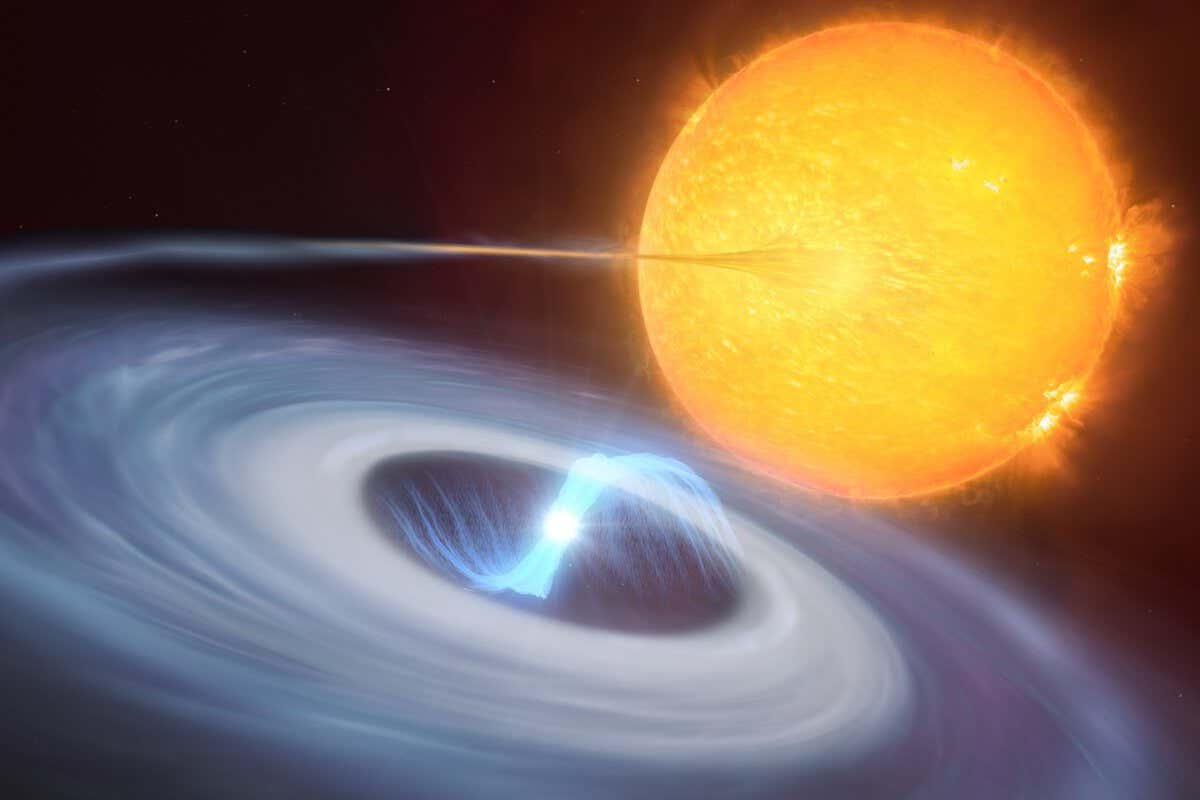 This artist???s impression shows a two-star system where micronovae may occur. The blue disc swirling around the bright white dwarf in the centre of the image is made up of material, mostly hydrogen, stolen from its companion star. Towards the centre of the disc, the white dwarf uses its strong magnetic fields to funnel the hydrogen towards its poles. As the material falls on the hot surface of the star, it triggers a micronova explosion, contained by the magnetic fields at one of the white dwarf???s poles.