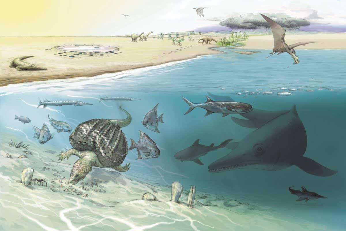 200 million year old deposits of the precursor of the Mediterranean Sea have been preserved in the Swiss High Alps. Whale-sized ichthyosaurs came from the open sea only occasionally into shallower water.