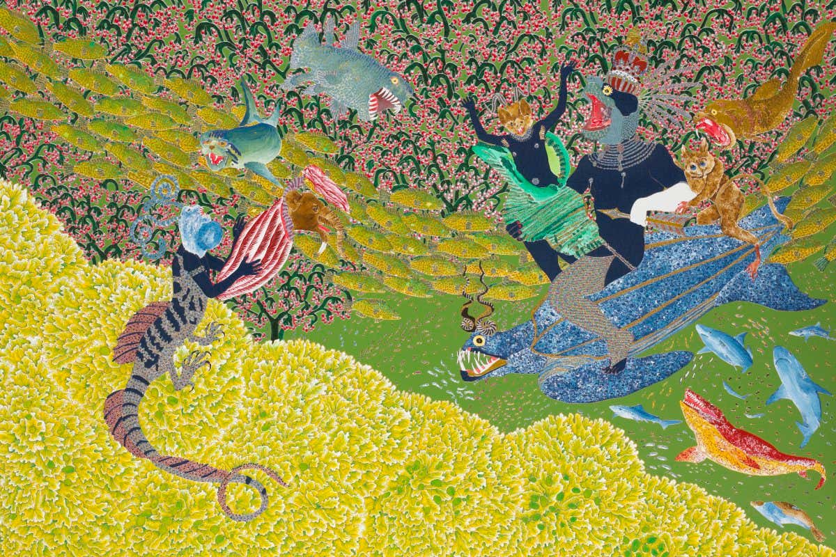 The Garden of Earthly Delights V, ca. 2004, Raqib Shaw, mixed media on board, 47 5/8 x 83 7/8 in. Gift of Rebecca and Alexander Stewart, 2004.97 ? Raqib Shaw