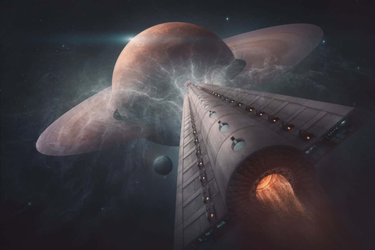 Futuristic spaceship approaching at full speed to unknown ring planet entering gravitational field through an electromagnetic storm. 3d illustration as space exploration concept.; Shutterstock ID 1912142803; purchase_order: -; job: -; client: -; other: -