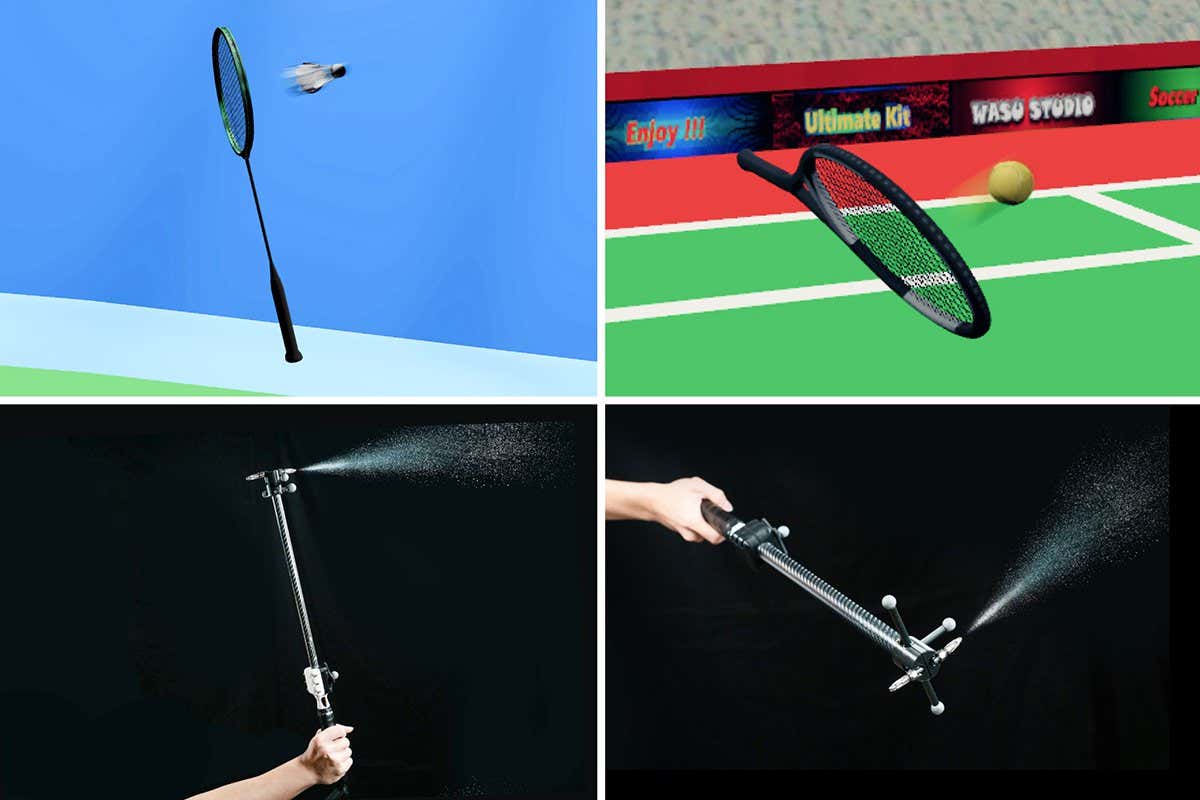 Figure 1: AirRacket explores perceptualforce feedback design of air propulsion jets to improve the haptic experience of virtual racket sports: ping-pong, badminton, and tennis (note: white smoke added for illustrative purpose only, actual compressed air is invisible).