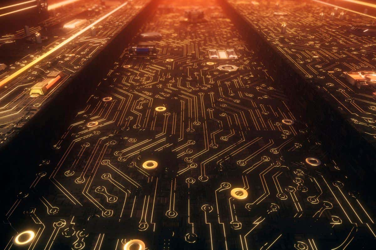 Illustration of a computer motherboard with microchips, transistors and semiconductors.