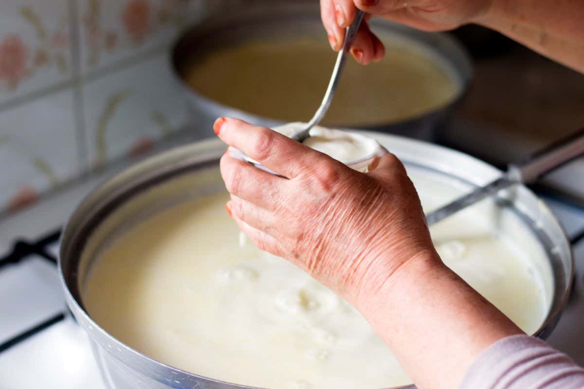 Hands of senior woman who is making homemade yoghurt ( yogurt ) with selective focus. Fermentation of yoghurt with blurred background. ; Shutterstock ID 1444914857; purchase_order: -; job: -; client: -; other: -