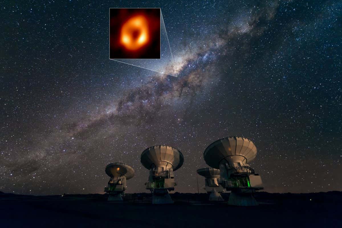 This image shows the Atacama Large Millimeter/submillimeter Array (ALMA) looking up at the Milky Way as well as the location of Sagittarius A*, the supermassive black hole at our galactic centre. Highlighted in the box is the image of Sagittarius A* taken by the Event Horizon Telescope (EHT) Collaboration. Located in the Atacama Desert in Chile, ALMA is the most sensitive of all the observatories in the EHT array, and ESO is a co-owner of ALMA on behalf of its European Member States.