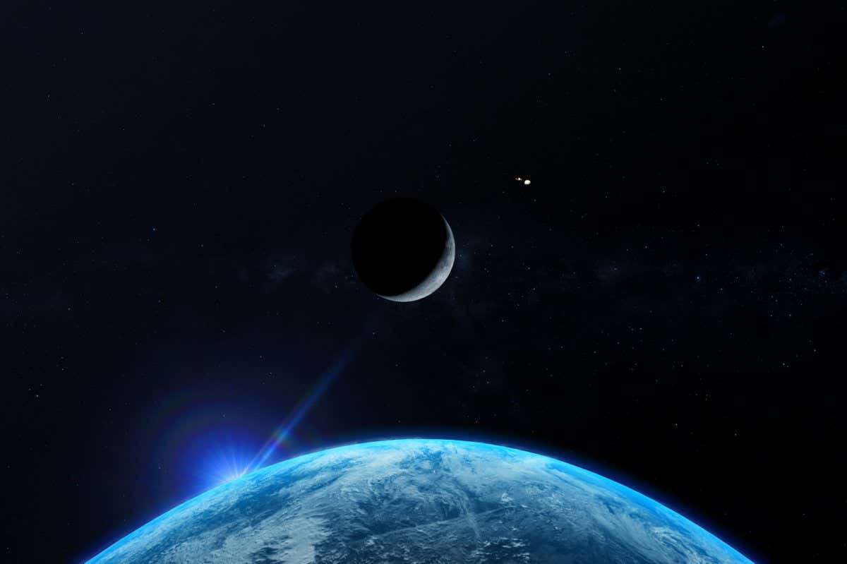 the spectacular conjunction of the moon,jupiter and saturn 3d rendering illustration; Shutterstock ID 1875982732; purchase_order: -; job: -; client: -; other: -