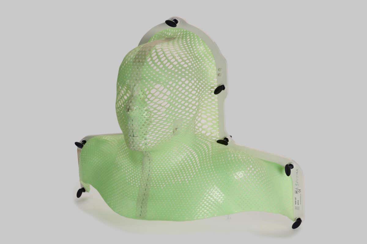 Radiotherapy mask used in treatment by Steve Bergman for Stage 4 HPV Squamous Throat Cancer. Object submitted for the Cancer Revolution exhibition via the Collecting Project call out.