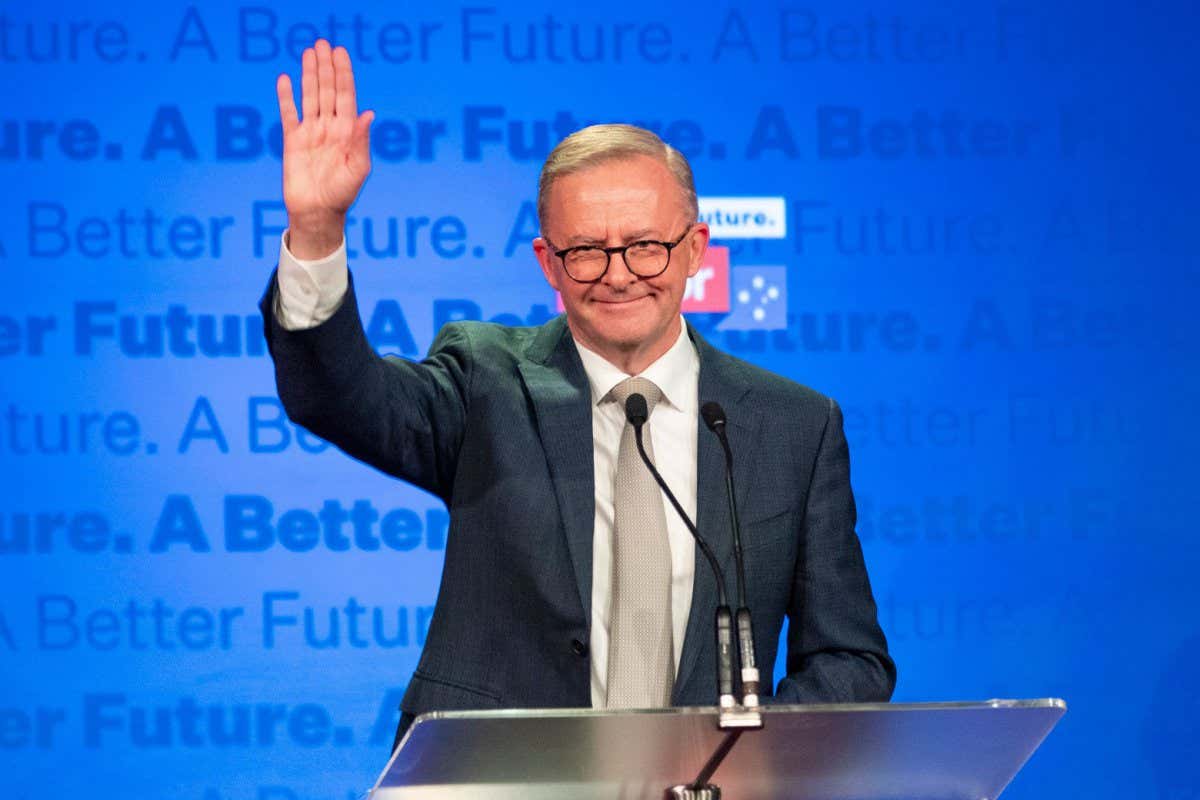 Mandatory Credit: Photo by Xinhua/Shutterstock (12949482j) Anthony Albanese gestures as addressing supporters in Sydney, Australia, May 21, 2022. Anthony Albanese has claimed victory for his Labor Party after incumbent Prime Minister Scott Morrison conceded defeat in Australia's 2022 federal election held on Satuday. Australia Sydney Federal Election - 21 May 2022