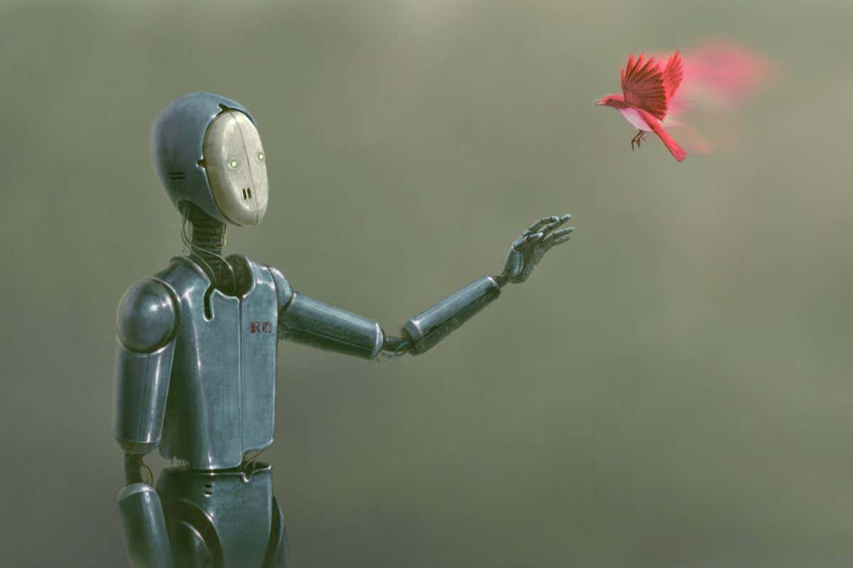 Surreal artwork of Life freedom technology science and hope concept idea , Robot with red butterfly, imagination painting, futuristic art, dreamlike illustration; Shutterstock ID 1798015078; purchase_order: -; job: -; client: -; other: -