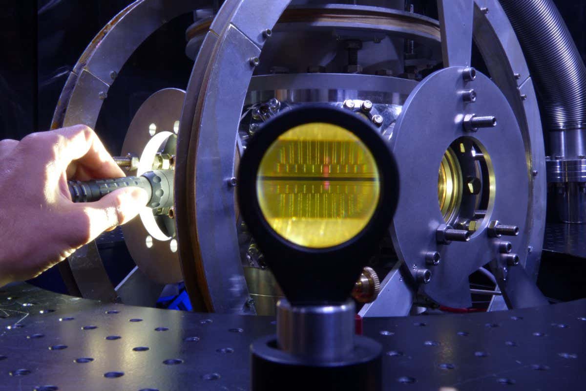 View of the segmented trap inside the cryostat through the addressing viewport.