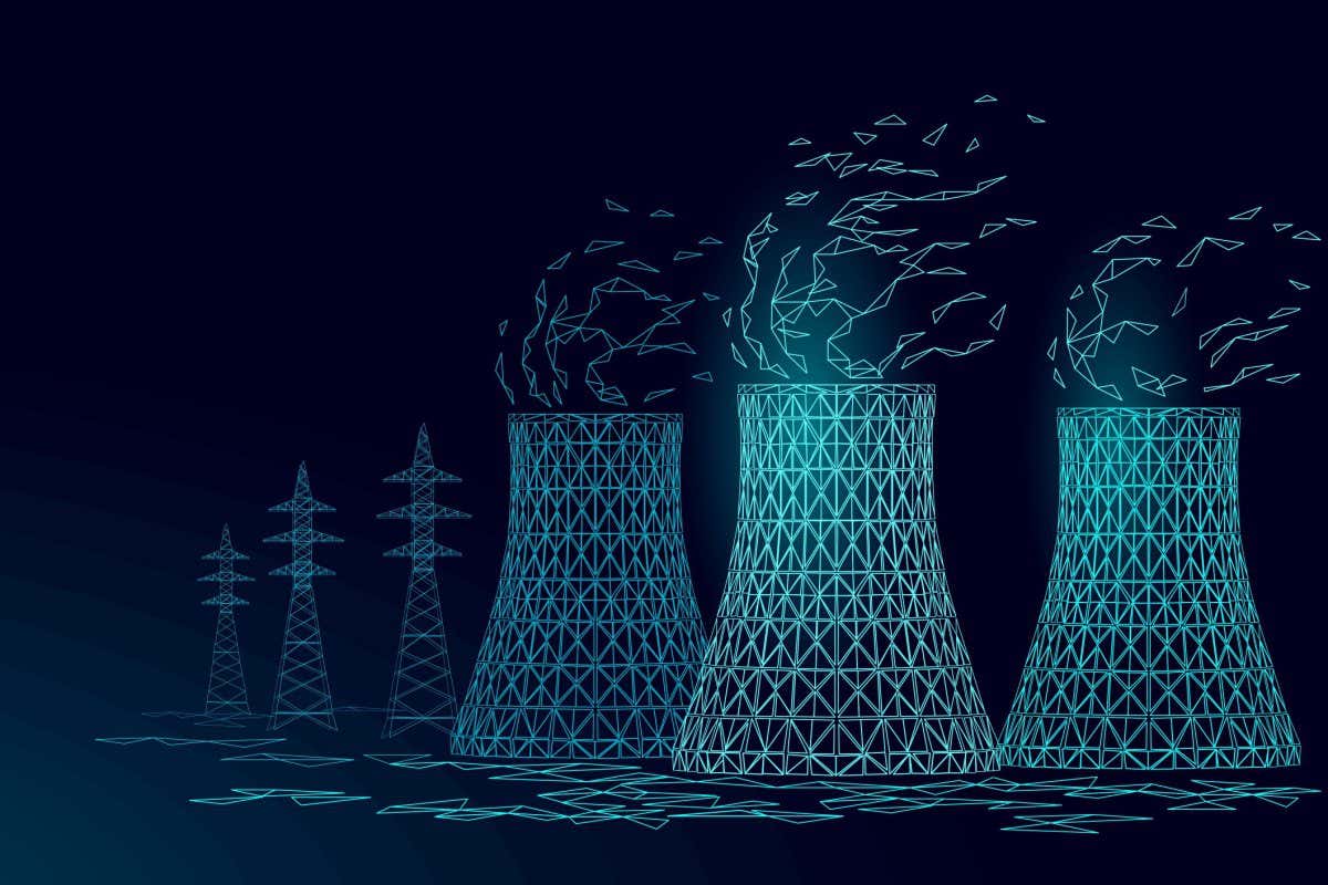 R1GHPD Nuclear power station cooling tower low poly. 3d render ecology pollution save planet environment concept triangle polygonal. Radioactive nuclear reactor electricity vector illustration