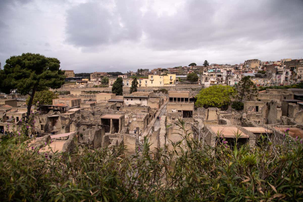 ERCOLANO, ITALY - APRIL 22: General view of the Archaeological Park of Herculaneum on April 22, 2022 in Pompei, Italy. Visits to the underground path of the Ancient Theater of the Archaeological Park of Herculaneum start again, after a period of closure imposed by the limitations due to the effects of the Covid-19 pandemic. The Ancient Theater, destination of the grand tour, was buried by the eruption of 79 AD. it was the first monument to be discovered in the Vesuvian sites during the eighteenth century. In 1738, King Charles III of Bourbon began an intense excavation that marked the beginning of modern Western archeology. (Photo by Ivan Romano/Getty Images)
