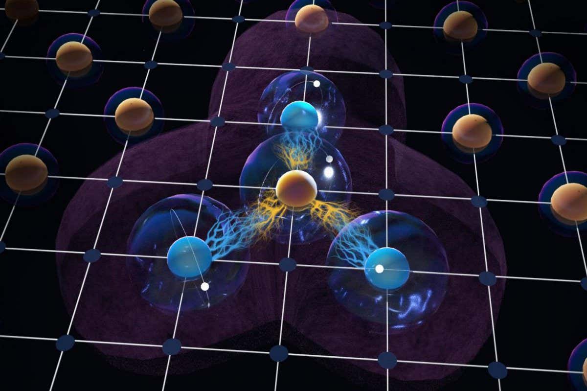 Artist's impression of a many-body quantum gate with trapped Rydberg atoms. The qubit in the center controls the state of the neighboring qubits by making use of the strong interaction between Rydberg atoms.