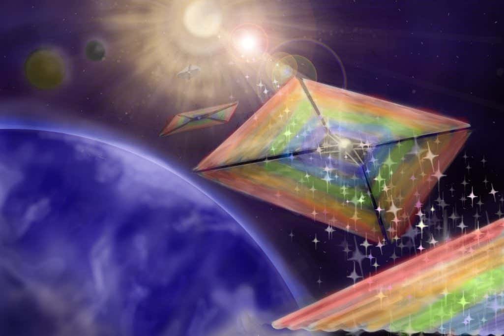 Diffractive solar sails, depicted in this conceptual illustration, could enable missions to hard-to-reach places, like orbits over the Sun?s poles. Credits: MacKenzi Martin