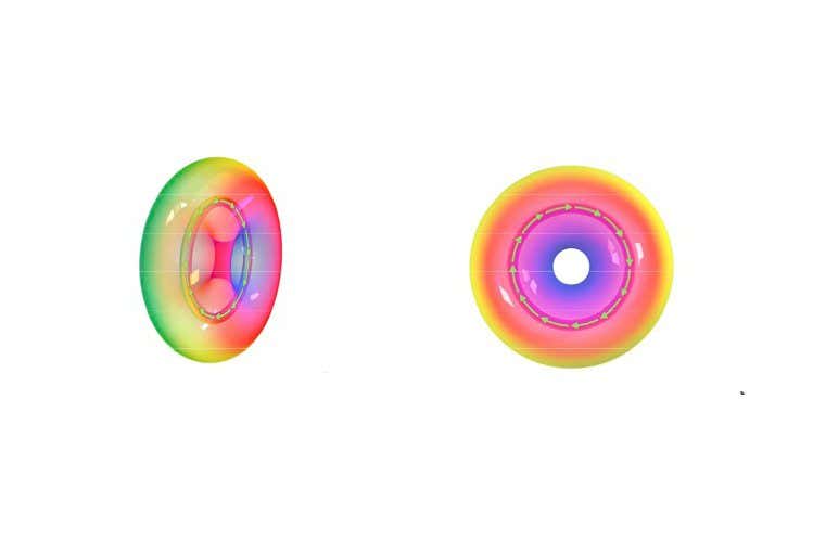 Fig. 2. Intensity and phase information of a simulated photonic toroidal vortex. a, Side view of three-dimensional iso-intensity profile of a photonic toroidal vortex. The colorful painting denotes the rotating spatiotemporal spiral phase ( ?r ,t ? ). The topological charge of the spiral phase is 1. The direction of local OAM density (jOAM) is marked with arrows. b, Front view of the iso-intensity profile of a photonic toroidal vortex