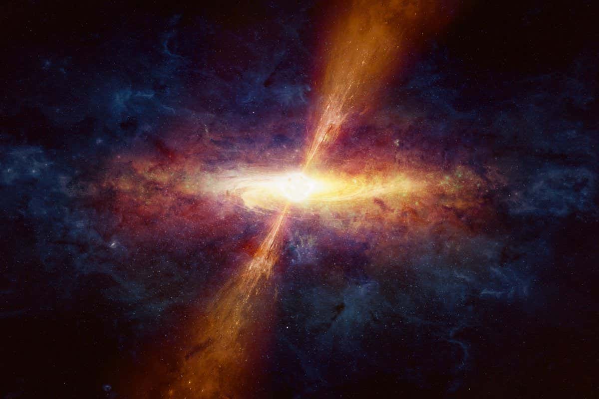 Scientific astronomical background - bright quasar in deep space. Elements of this image furnished by NASA nasa.gov; Shutterstock ID 338122148; purchase_order: -; job: -; client: -; other: -