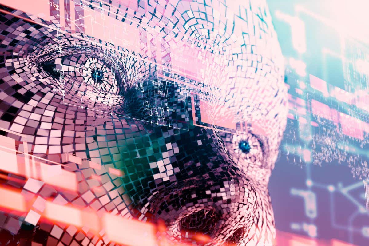 WMTG8K Abstract background of cyborg face and technology.Big data and learning machine.Algorithm programming and artificial intelligence concept.Biometrics.