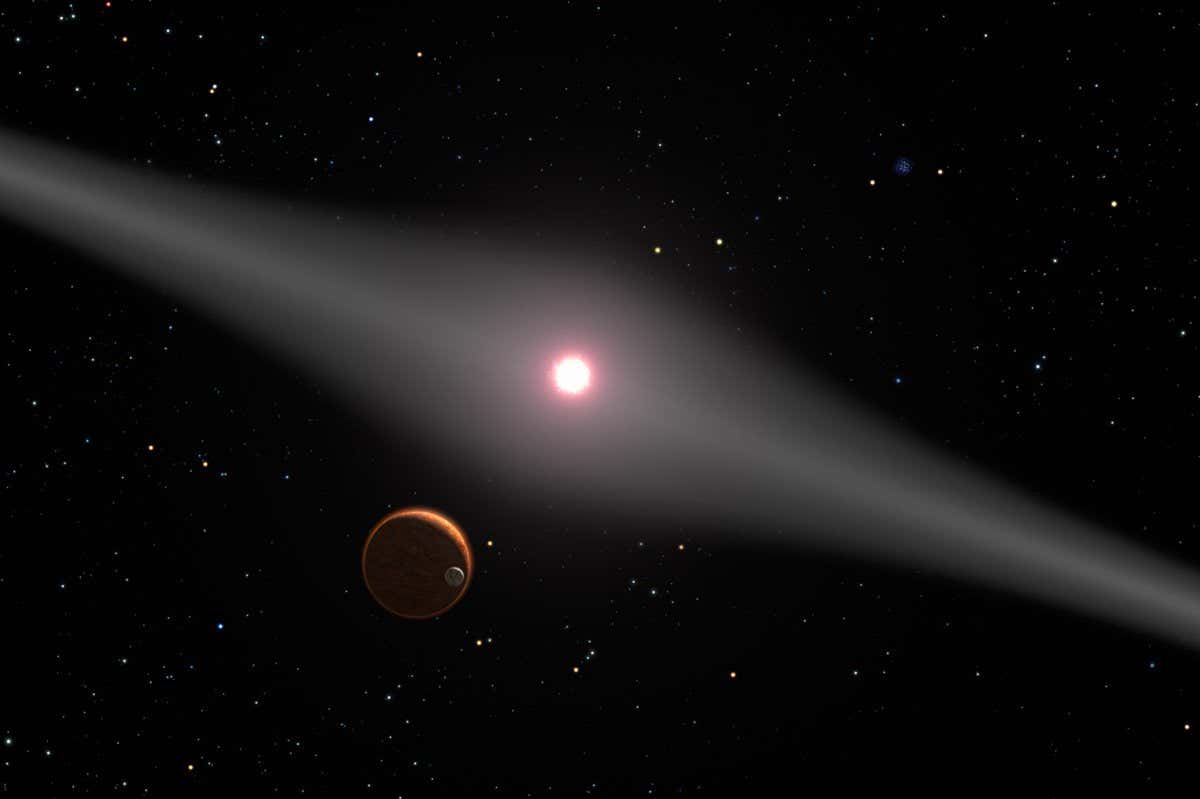 KRB4DP This is an artist's impression of the view from the vicinity of a hypothetical terrestrial planet and moon orbiting the red dwarf star AU Microscopii. The relatively newborn 12 million year-old star is surrounded by a very dusty disk of debris from the collision of comets, asteroids, and planetissimals swirling around the young star. Though no planets have been discovered around the star, the disk is strong circumstantial evidence for planets. Not only is it dusty, but also it is warped, possibly by the pull of one or more planets. In this view the glow of starlight reflecting off the disk cre