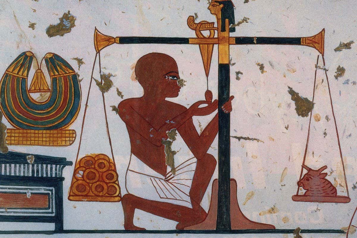G169PY Ancient Egyptian gold rings being weighed. Wall painting from tomb at Thebes, 14th century BC. Weights and measures were among the earliest tools invented by man. Early Babylonian and Egyptian records, and the Bible, indicate that length was first measure