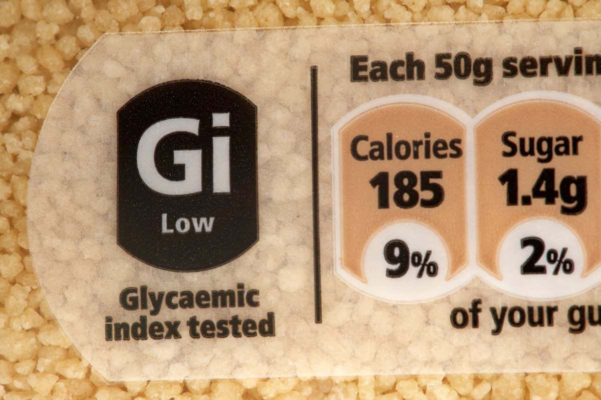 BF59PT food label showing low glycaemic index tested on a packet of cous cous in the uk. Image shot 2016. Exact date unknown.