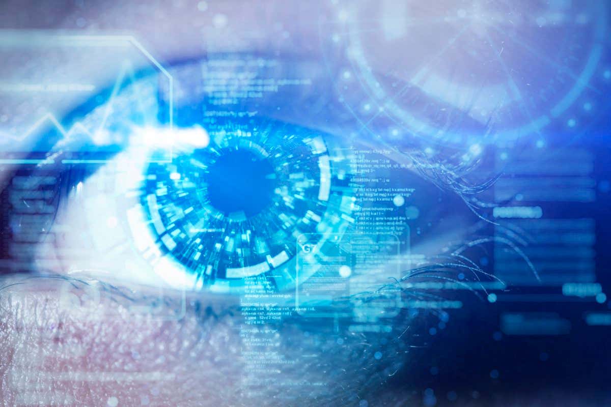 Young woman's eye with futuristic circular element showing user interface data screen panel