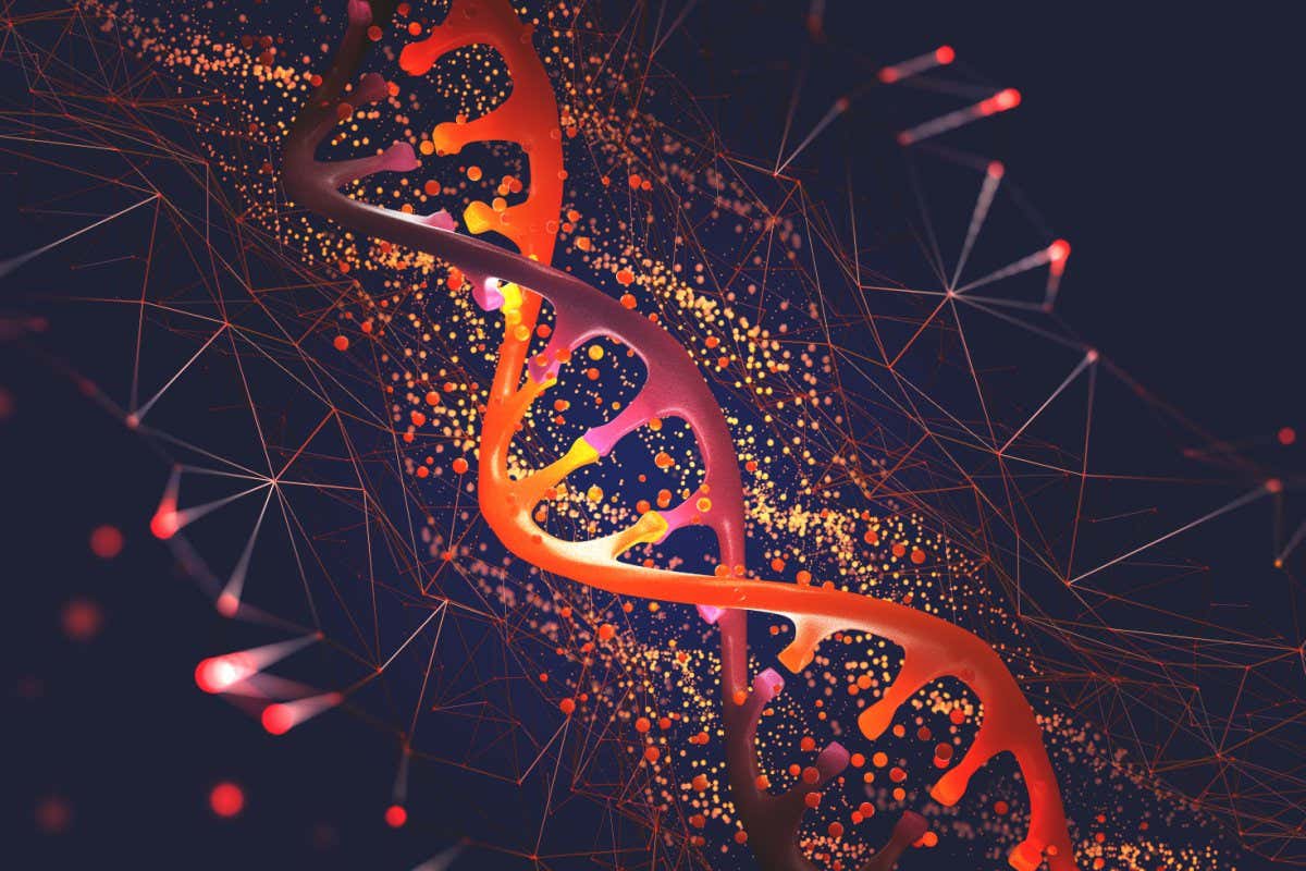 DNA helix 3D illustration. Mutations under microscope. Decoding genome. Virtual modeling of chemical processes. Hi-tech in medicine; Shutterstock ID 1811660503; purchase_order: 020722; job: NS; client: NS; other:
