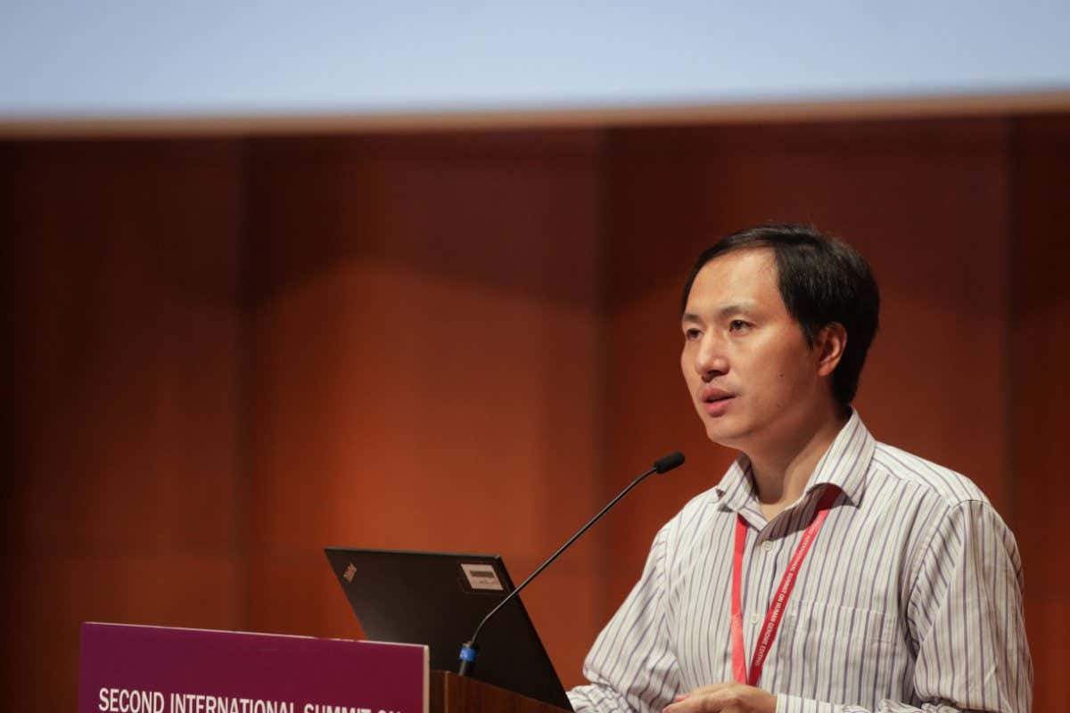 HONG KONG - 2018/11/28: Chinese geneticist He Jiankui of the Southern University of Science and Technology in Shenzhen, China seen speaking during the Second International Summit on Human Genome Editing at the University of Hong Kong. The Chinese geneticist claims to have altered the genes of the embryo of a pair of twin girls before birth, prompting outcry from scientists of the field. (Photo by S.C. Leung/SOPA Images/LightRocket via Getty Images)