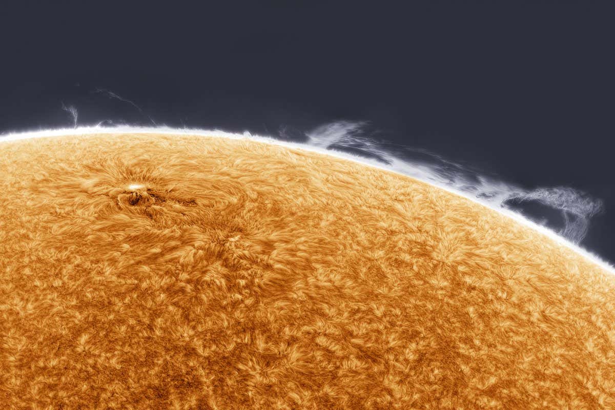 FEATURE - Clouds of Hydrogen Gas ? Simon Tang Clouds of hydrogen gas give way as the magnetic field lines of the sun snap and clash together. This display of nature creates astonishing features, known as prominences, on the limb of the Sun. Taken with QHYCCD QHY5III-174M camera, 5040mm f/33.6, 1000 x 12-millisecond frame exposures Location: Los Angeles, California, United States