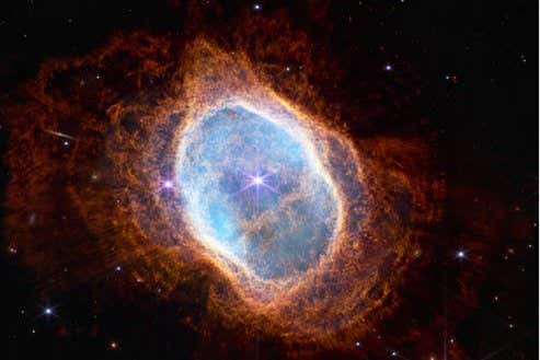 This side-by-side comparison shows observations of the Southern Ring Nebula in near-infrared light, at left, and mid-infrared light, at right, from NASA???s Webb Telescope. This scene was created by a white dwarf star ??? the remains of a star like our Sun after it shed its outer layers and stopped burning fuel though nuclear fusion. Those outer layers now form the ejected shells all along this view. In the Near-Infrared Camera (NIRCam) image, the white dwarf appears to the lower left of the bright, central star, partially hidden by a diffraction spike. The same star appears ??? but brighter, larger, and redder ??? in the Mid-Infrared Instrument (MIRI) image. This white dwarf star is cloaked in thick layers of dust, which make it appear larger. The brighter star in both images hasn???t yet shed its layers. It closely orbits the dimmer white dwarf, helping to distribute what it???s ejected. Over thousands of years and before it became a white dwarf, the star periodically ejected mass ??? the visible shells of material. As if on repeat, it contracted, heated up ??? and then, unable to push out more material, pulsated. Stellar material was sent in all directions ??? like a rotating sprinkler ??? and provided the ingredients for this asymmetrical landscape. Today, the white dwarf is heating up the gas in the inner regions ??? which appear blue at left and red at right. Both stars are lighting up the outer regions, shown in orange and blue, respectively. The images look very different because NIRCam and MIRI collect different wavelengths of light. NIRCam observes near-infrared light, which is closer to the visible wavelengths our eyes detect. MIRI goes farther into the infrared, picking up mid-infrared wavelengths. The second star more clearly appears in the MIRI image, because this instrument can see the gleaming dust around it, bringing it more clearly into view. The stars ??? and their layers of light ??? steal more attention in the NIRCam image, while dust pl