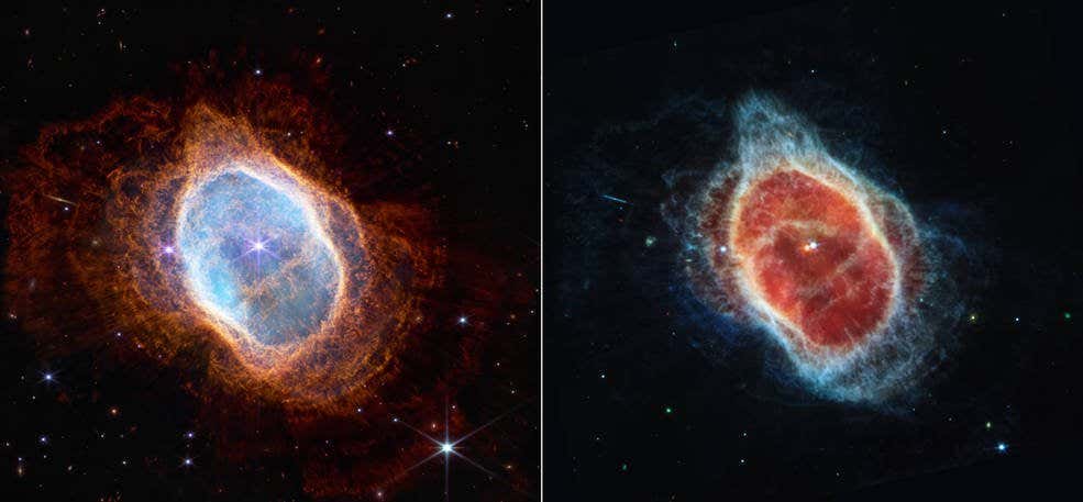 This side-by-side comparison shows observations of the Southern Ring Nebula in near-infrared light, at left, and mid-infrared light, at right, from NASA???s Webb Telescope. This scene was created by a white dwarf star ??? the remains of a star like our Sun after it shed its outer layers and stopped burning fuel though nuclear fusion. Those outer layers now form the ejected shells all along this view. In the Near-Infrared Camera (NIRCam) image, the white dwarf appears to the lower left of the bright, central star, partially hidden by a diffraction spike. The same star appears ??? but brighter, larger, and redder ??? in the Mid-Infrared Instrument (MIRI) image. This white dwarf star is cloaked in thick layers of dust, which make it appear larger. The brighter star in both images hasn???t yet shed its layers. It closely orbits the dimmer white dwarf, helping to distribute what it???s ejected. Over thousands of years and before it became a white dwarf, the star periodically ejected mass ??? the visible shells of material. As if on repeat, it contracted, heated up ??? and then, unable to push out more material, pulsated. Stellar material was sent in all directions ??? like a rotating sprinkler ??? and provided the ingredients for this asymmetrical landscape. Today, the white dwarf is heating up the gas in the inner regions ??? which appear blue at left and red at right. Both stars are lighting up the outer regions, shown in orange and blue, respectively. The images look very different because NIRCam and MIRI collect different wavelengths of light. NIRCam observes near-infrared light, which is closer to the visible wavelengths our eyes detect. MIRI goes farther into the infrared, picking up mid-infrared wavelengths. The second star more clearly appears in the MIRI image, because this instrument can see the gleaming dust around it, bringing it more clearly into view. The stars ??? and their layers of light ??? steal more attention in the NIRCam image, while dust pl