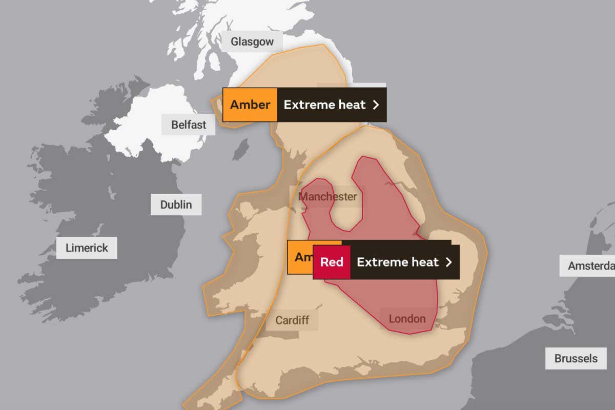Map of UK showing heat alert