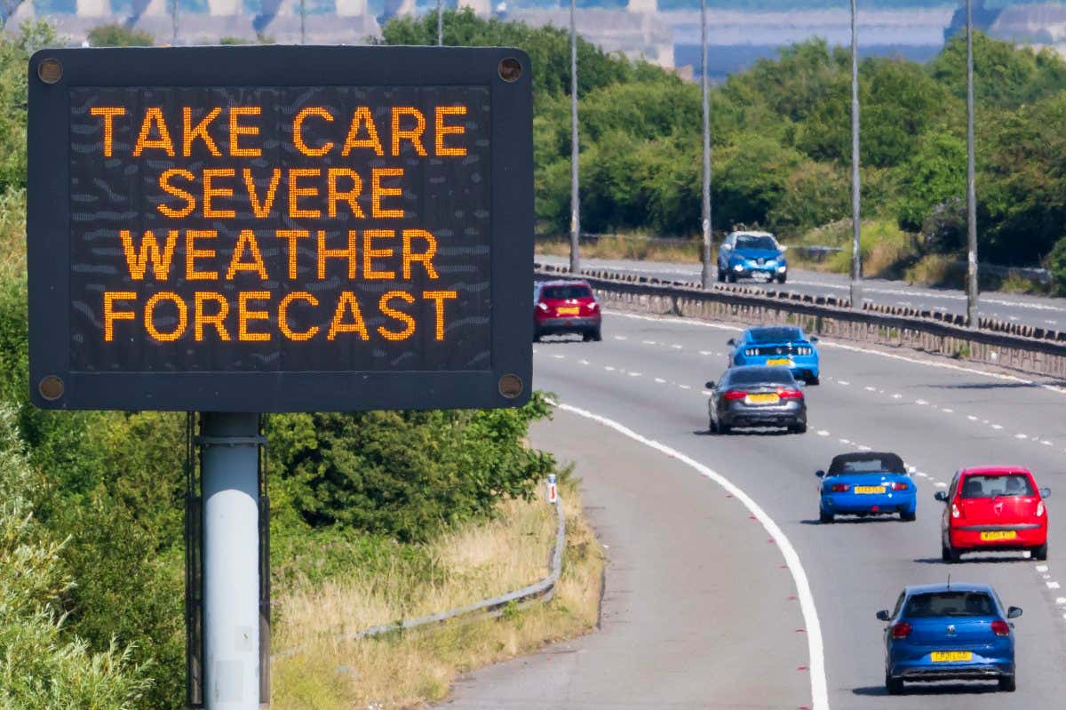 Sign on motorway warning of severe weather
