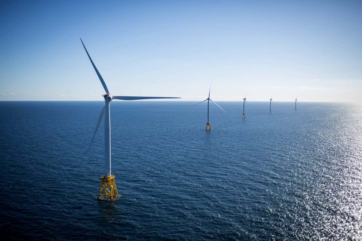 The GE-Alstom Block Island Wind Farm stands in the water off Block Island, Rhode Island, U.S., on Wednesday, Sept, 14, 2016. The installation of five 6-megawatt offshore-wind turbines at the Block Island project gives turbine supplier GE-Alstom first-mover advantage in the U.S. over its rivals Siemens and MHI-Vestas. Photographer: Eric Thayer/Bloomberg via Getty Images