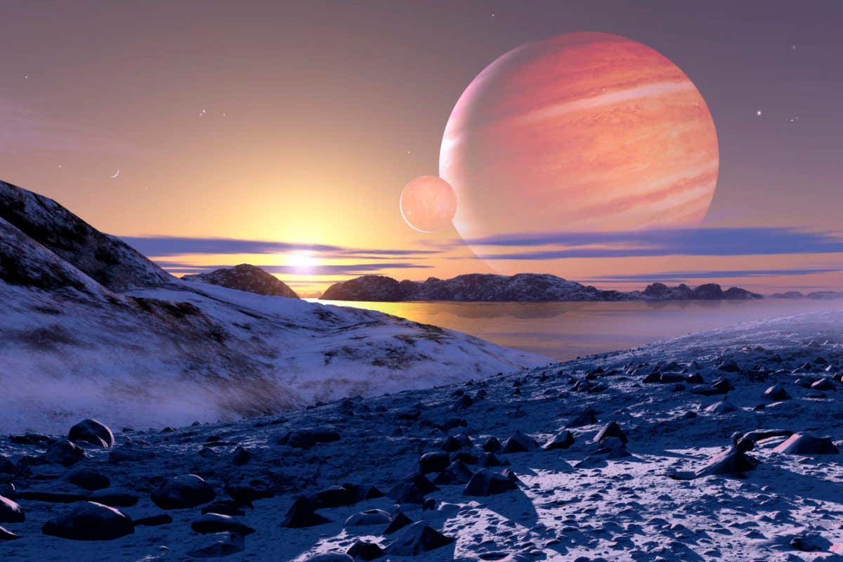 Jupiter from Europa. Computer artwork of a view towards Jupiter and its moons, across the surface of Europa as it might have looked four billion years ago. Europa is the fourth largest of the moons that orbit Jupiter. It is believed to be composed of silicate rocks with a layer of water ice covering the entire surface. It may contain more water than all of Earth's oceans combined but its distance from its sun meant that there wasn't enough heat to prevent it from freezing over.